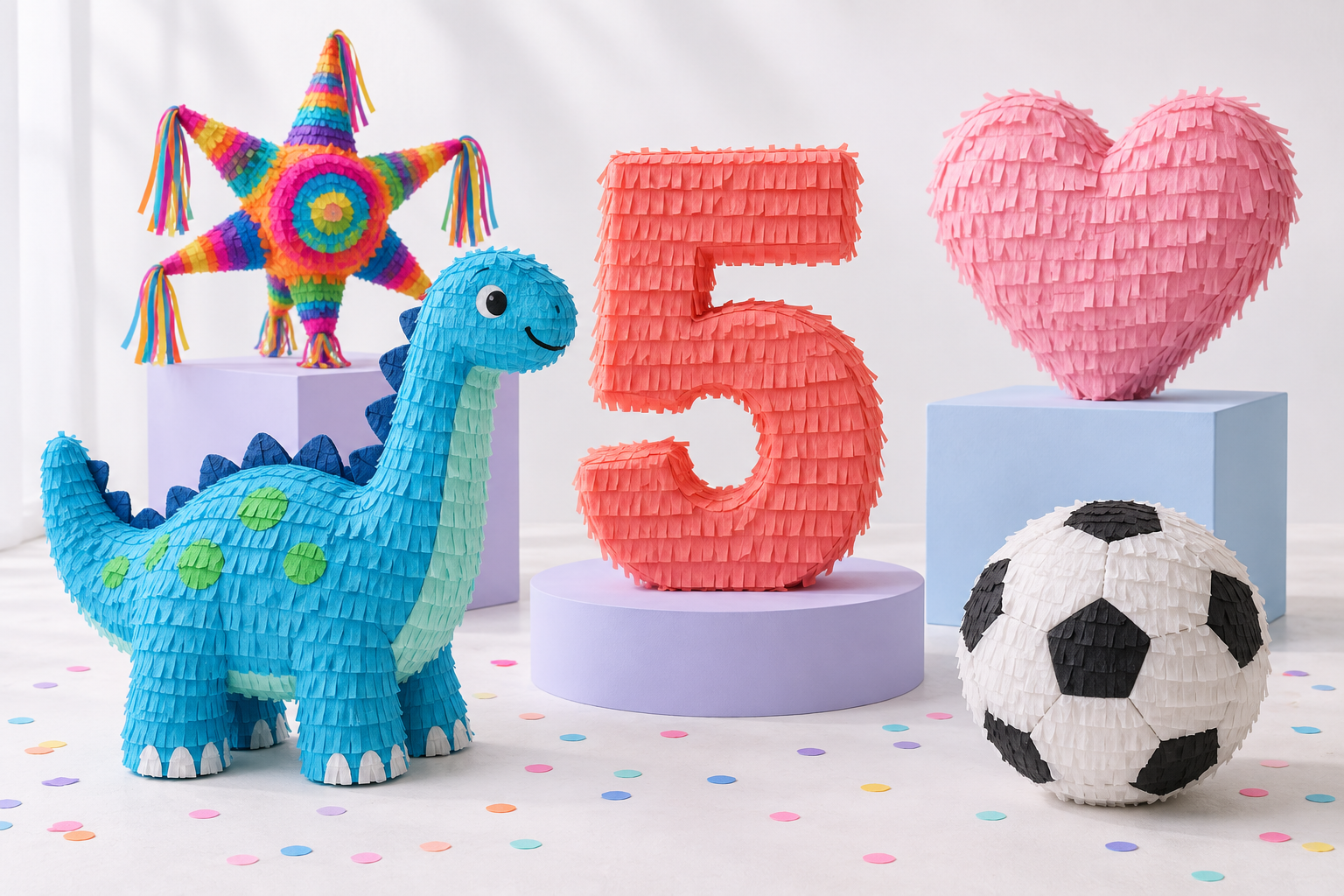 Illustrative dinosaur, number, soccer ball, heart, and traditional star piñata concepts